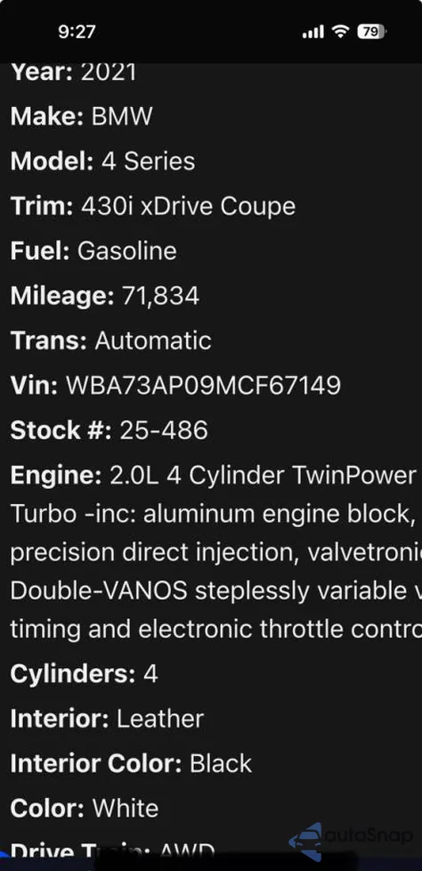 2021 BMW 430Xi из США, поврежденный, VIN WBA73AP09MCF67XXX